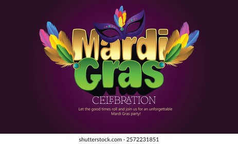 Mardi Gras Celebration Concept with Colorful Party Mask, Jester  this bright and colorful design showcasing a festive mask and beads.