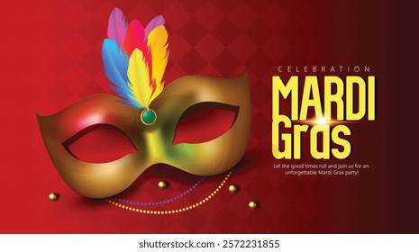 Mardi Gras Celebration Concept with Colorful Party Mask, Jester  this bright and colorful design showcasing a festive mask and beads.