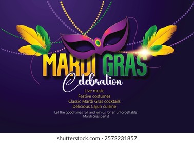 Mardi Gras Celebration Concept with Colorful Party Mask, Jester  this bright and colorful design showcasing a festive mask and beads.