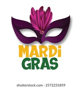 Mardi Gras Celebration Concept with Colorful Party Mask, Jester  this bright and colorful design showcasing a festive mask and beads.