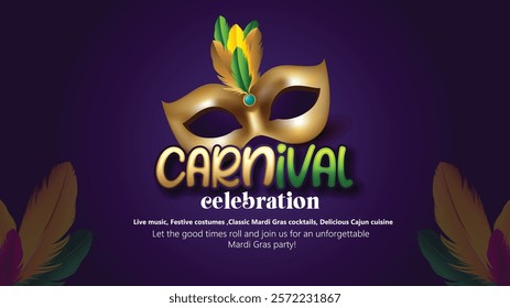 Mardi Gras Celebration Concept with Colorful Party Mask, Jester  this bright and colorful design showcasing a festive mask and beads.