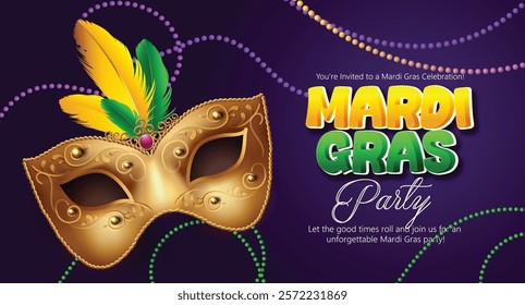 Mardi Gras Celebration Concept with Colorful Party Mask, Jester  this bright and colorful design showcasing a festive mask and beads.