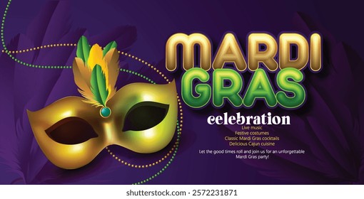 Mardi Gras Celebration Concept with Colorful Party Mask, Jester  this bright and colorful design showcasing a festive mask and beads.