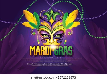 Mardi Gras Celebration Concept with Colorful Party Mask, Jester  this bright and colorful design showcasing a festive mask and beads.