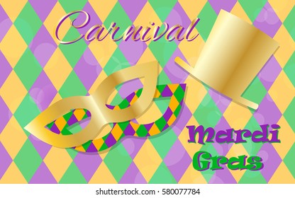 Mardi Gras celebration concept with golden mask and hat and lettering typography on a colorful background. Vector illustration for cards, banners, print