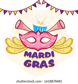 Mardi Gras Celebration Concept with Party Mask, Feather, Music Instrument and Bunting Flag Decorated on White Background.