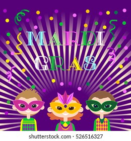 Mardi Gras celebration. Freehand cartoon fancy letters. Masquerade street parade traditional symbols. Kids mask costumes for traditional holiday carnival. Vector headline decoration banner background