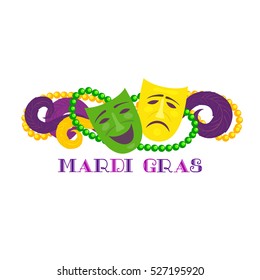 Mardi Gras Celebration. Freehand Cartoon Fancy Letters. Masquerade Street Parade Traditional Beads Mask Symbols. Traditional Holiday Carnival Invitation. Vector Headline Decoration Banner Background