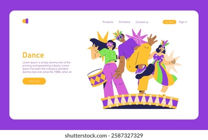 Mardi Gras celebration illustration. Colorful dancers wearing festive costumes embody the spirit of joy and community during this vibrant event. Drums and masks enhance the festive atmosphere. Vector