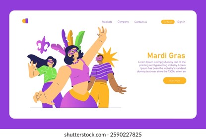 Mardi Gras celebration illustration. Colorful costumes and masks define the spirit of Mardi Gras, showcasing the excitement and joy of the event. Joyous dancing figures symbolize cultural heritage and