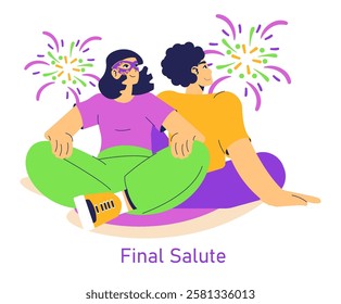 Mardi Gras celebration illustration. Two friends enjoy the festive atmosphere, surrounded by colorful fireworks. The scene captures the joyful spirit and camaraderie of this vibrant carnival