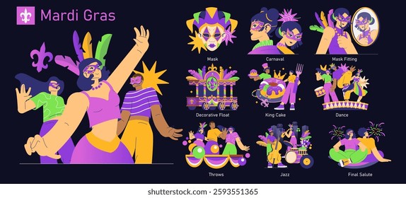 Mardi Gras celebration. A joyful gathering featuring colorful masks, festive music, and lively dances. The depiction includes parades with decorative floats, traditional King Cake, and vibrant