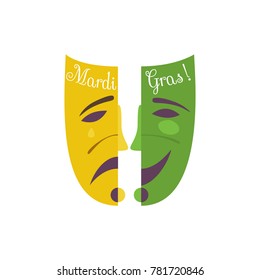 Mardi Gras celebration label. Freehand cartoon fancy mask. Flat simple design. Masquerade parade traditional colorful symbols. Holiday carnival invitation sticker. Vector decorative banner background