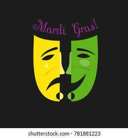 Mardi Gras celebration label. Freehand cartoon fancy mask. Flat simple design. Masquerade parade traditional colorful symbols. Holiday carnival invitation sticker. Vector decorative banner background