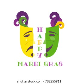 Mardi Gras celebration label. Freehand cartoon fancy text feather beads. Masquerade parade traditional colorful symbols. Holiday carnival invitation sticker tag. Vector decorative banner background