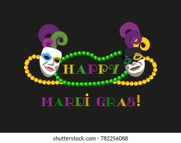 Mardi Gras celebration label. Freehand cartoon fancy mask feather beads. Masquerade parade traditional colorful symbols. Holiday carnival invitation sticker tag. Vector decorative banner background