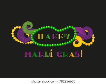 Mardi Gras celebration label. Freehand cartoon fancy text feather beads. Masquerade parade traditional colorful symbols. Holiday carnival invitation sticker tag. Vector decorative banner background