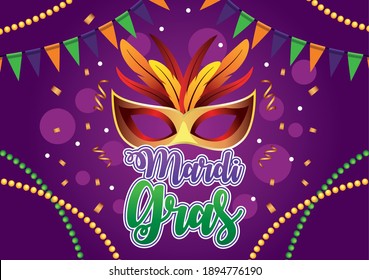 mardi gras celebration lettering with mask and feathers vector illustration design