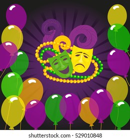 Mardi Gras celebration poster. Freehand cartoon fancy mask feather beads. Masquerade street parade traditional symbols. Holiday carnival invitation design element. Vector decorative banner background