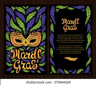 Mardi Gras celebration poster with venetian mask and feathers and hand written letters