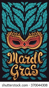 Mardi Gras celebration poster with venetian mask and feathers and hand written letters