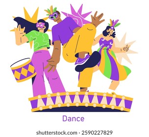 Mardi Gras celebration scene. Dancers showcase vibrant energy and joy, surrounded by colorful costumes and accessories. The atmosphere captures the essence of festivity, rhythm, and cultural