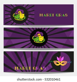 Mardi Gras celebration. Set of horizontal banners. Freehand cartoon fancy style. Masquerade parade beads mask symbols. Template for carnival invitation greeting. Vector headline decoration background