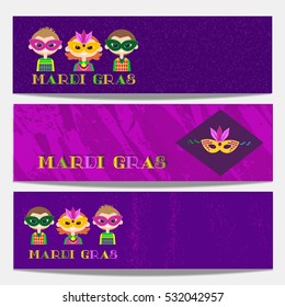 Mardi Gras celebration. Set of horizontal banners. Freehand cartoon fancy style. Kids in masquerade costumes, masks. Template for carnival invitation greeting. Vector headline decoration background