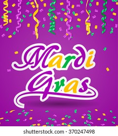 Mardi Gras celebration symbol over purple background with confetti and streamers in traditional carnival colors: purple, green and yellow, vector illustration