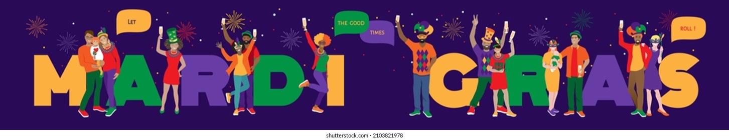 Mardi Gras celebration, vector banner. Happy cheerful friends wearing funny costumes, masks, feathers, necklaces, dancing at big letters. New Orlean traditional party event flyer, banner, invitation.