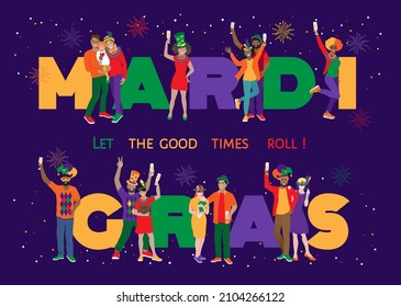 Mardi Gras celebration, vector banner. Happy cheerful friends wearing funny costumes, masks, feathers, necklaces, dancing at big letters. New Orlean traditional party event flyer, banner, invitation.