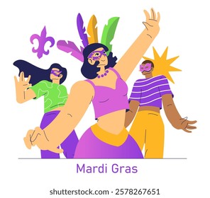 Mardi Gras celebration vector illustration. This artwork captures the lively spirit of the festival with vibrant costumes, colorful masks, and an atmosphere of joy. Participants dance and engage in