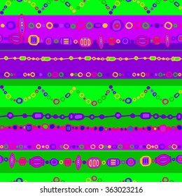 Mardi gras chaplet, colored beads, hand drawn vector seamless pattern, colored stripe background
