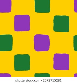 Mardi Gras Checkerboard Seamless Pattern. Modern minimal holiday and celebration background with painted geometric shapes. Festive chessboard texture.