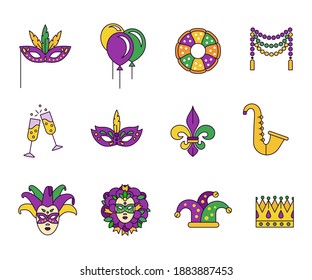 Mardi Gras, christian event with masquerade - solid icons in purple, yellow and green palette. Tradition Symbols of Fat Tuesday. Venetian masks, beads garland, The King Cake, fleur de lys and other