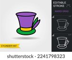 Mardi gras cilinder hat. Line icon with editable stroke with shadow. Outline icon with editable stroke. Linear Mardi Gras Symbol with shadow