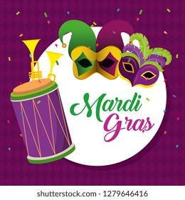 mardi gras with circle emblem and party masks decoration