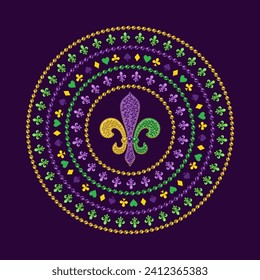 Mardi Gras circular pattern with Fleur de lis sign, cards suit symbols, bead strings. Vintage illustration for prints, holiday goods decoration