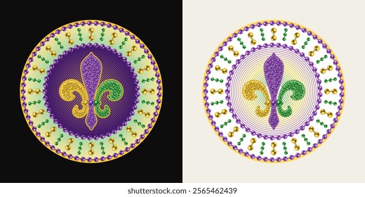 Mardi Gras circular pattern with Fleur de lis sign, bead strings. Vintage illustration for prints, holiday goods decoration