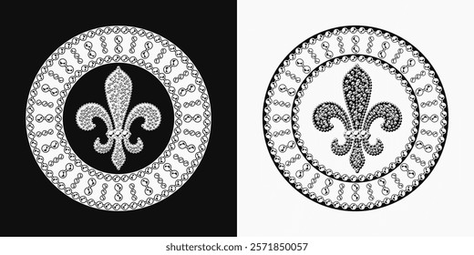 Mardi Gras circular pattern with Fleur de lis sign, bead strings. Vintage illustration for prints, holiday goods decoration