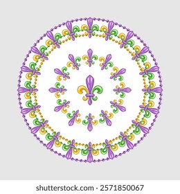 Mardi Gras circular pattern with Fleur de lis sign, beads. Vintage illustration for prints, holiday goods decoration