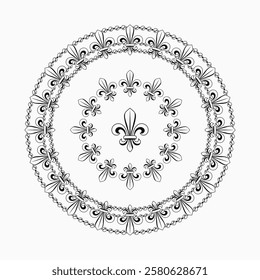 Mardi Gras circular pattern with Fleur de lis sign, beads. Vintage illustration for prints, holiday goods decoration