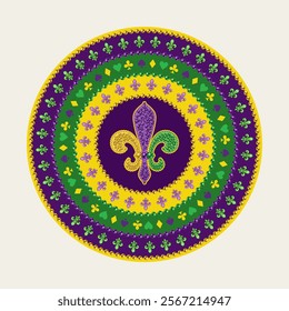 Mardi Gras circular striped pattern with Fleur de lis sign, cards suit symbols, bead strings. White background. Vintage illustration for prints, holiday goods decoration