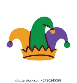 Mardi Gras. Classic three pointed joker cap in purple green and gold colors isolated on white. Playful costume accessory for carnival performers and Fat Tuesday party guests.