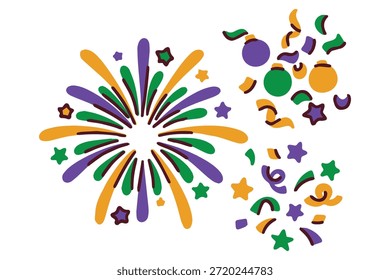 Mardi Gras. Collection of bright explosions and colorful confetti for holiday. Set of purple, green and gold fireworks for carnival celebration and party atmosphere.