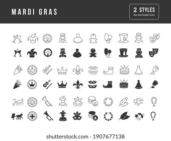 Mardi Gras. Collection of perfectly simple monochrome icons for web design, app, and the most modern projects. Universal pack of classical signs for category Holidays.