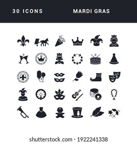 Mardi Gras. Collection of perfectly simple monochrome icons for web design, app, and the most modern projects. Universal pack of classical signs for category Holidays.