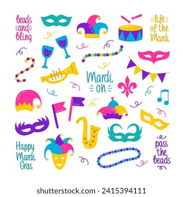 Mardi Gras Color Doodle Collection. Festive Design Color Isolated Elements Set. Vector Illustration of Carnaval Harlequin Hat, Beads, Carnival Masque, Saxophone, Trumpet, Drum, Fleur de Lis, Cocktail.