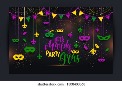 Mardi Gras colored frame with a mask and fleur-de-lis, isolated on black background. Vector illustration.