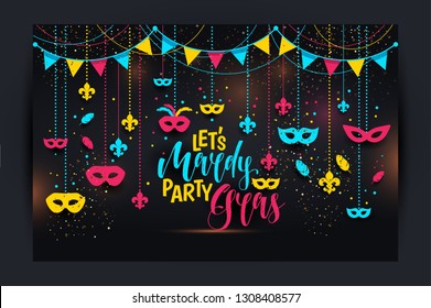 Mardi Gras colored frame with a mask and fleur-de-lis, isolated on black background. Vector illustration.